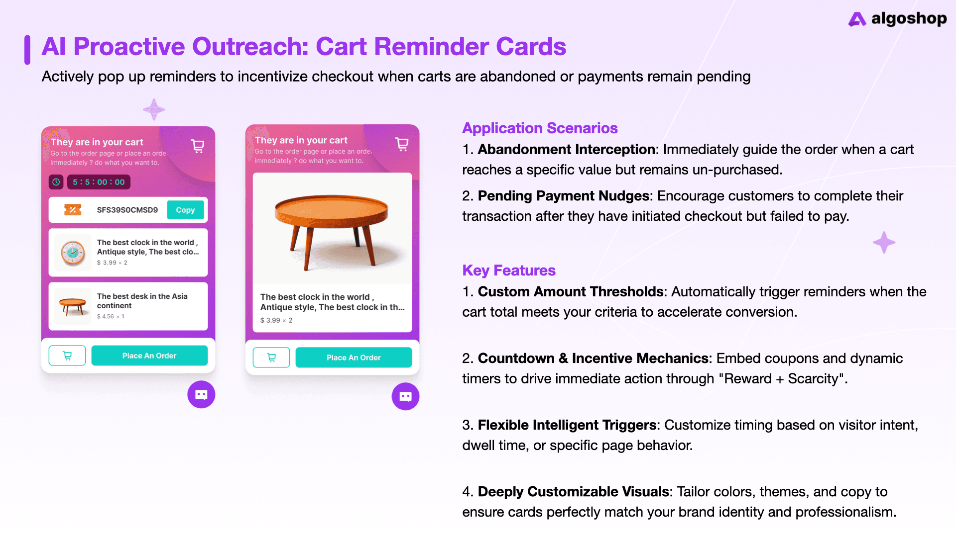 Algoshop cart reminder cards showing abandonment interception, pending payment nudges, custom amount thresholds, and countdown incentives