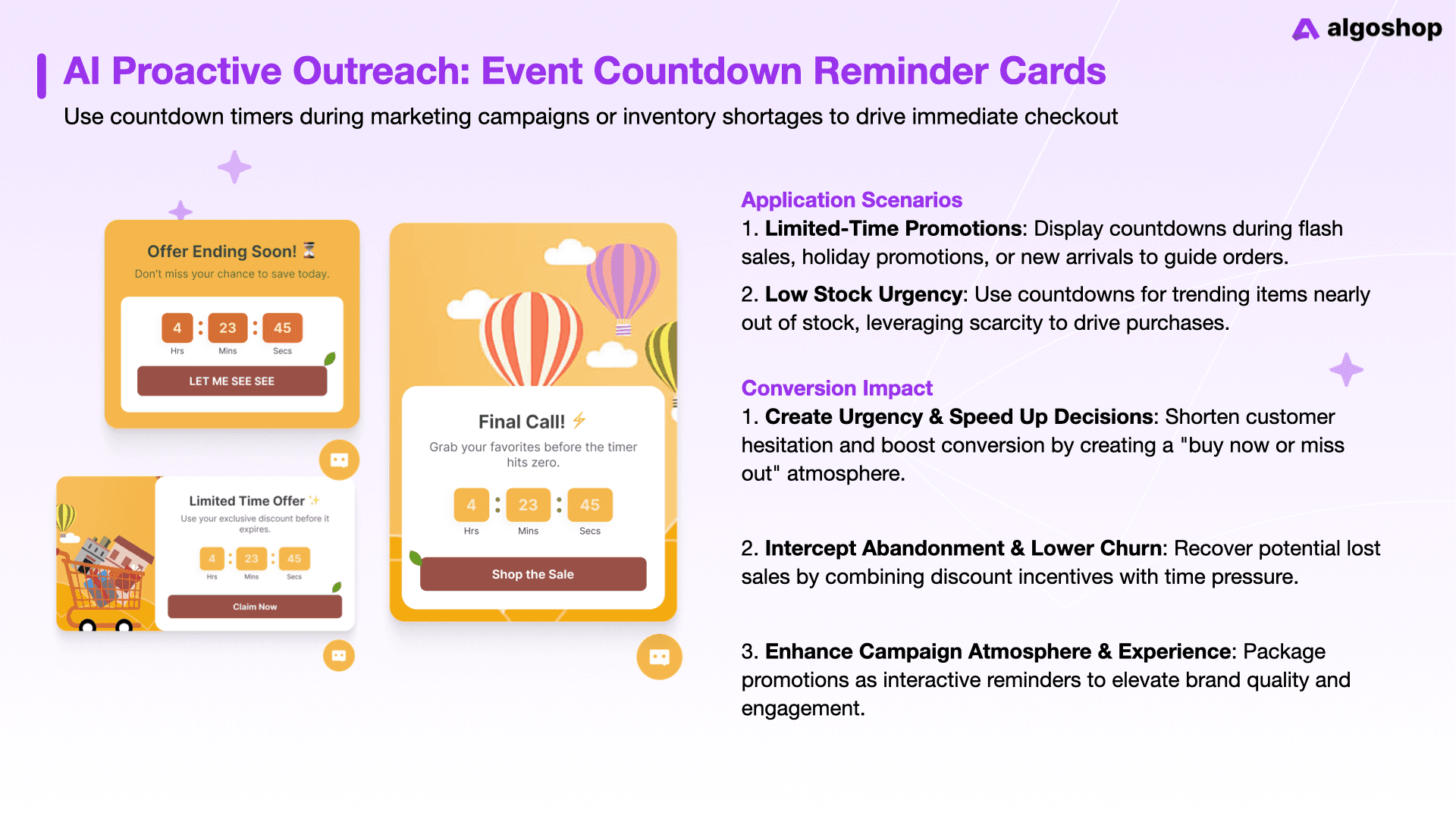 Algoshop event countdown reminder cards showing limited-time promotions, low-stock urgency, and conversion impact for Shopify campaigns