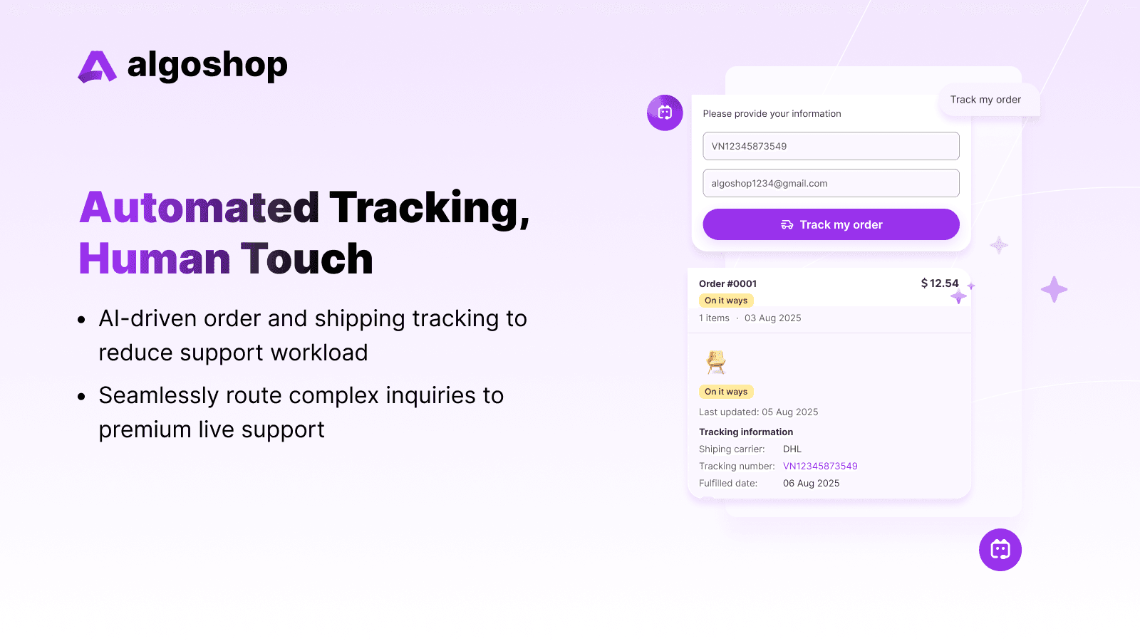 Algoshop automated tracking workflow for Shopify customer follow-up with human oversight
