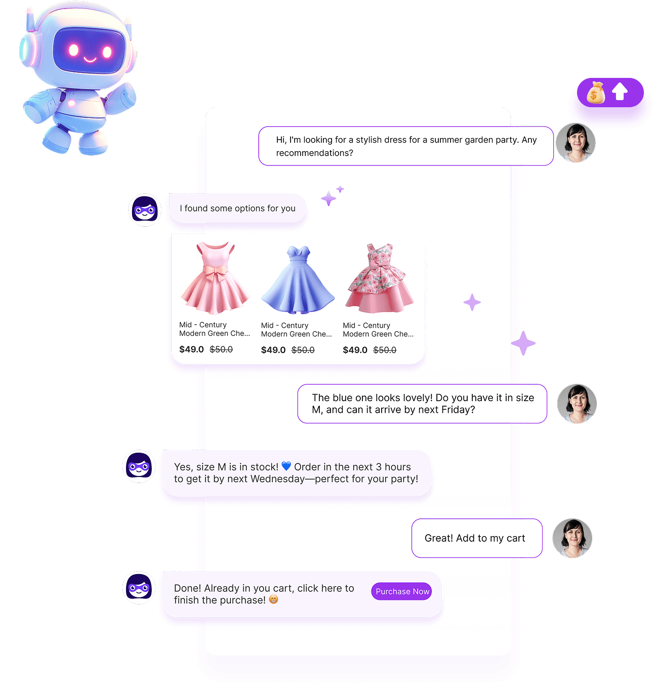 AI chatbot conversation showing personalized product recommendations with images, prices, and add-to-cart buttons