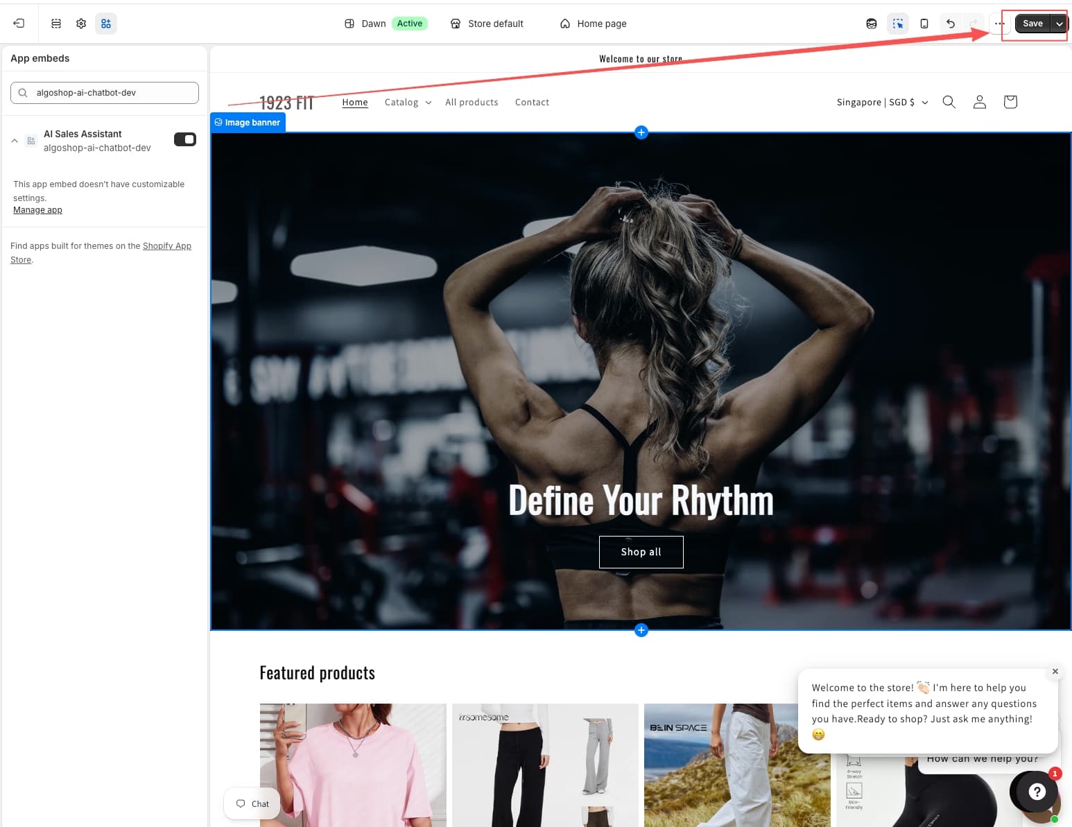 Algoshop embed and install settings for Shopify: one-click Shopify App Store installation, custom embed JavaScript code for headless stores, and omnichannel connection status indicators